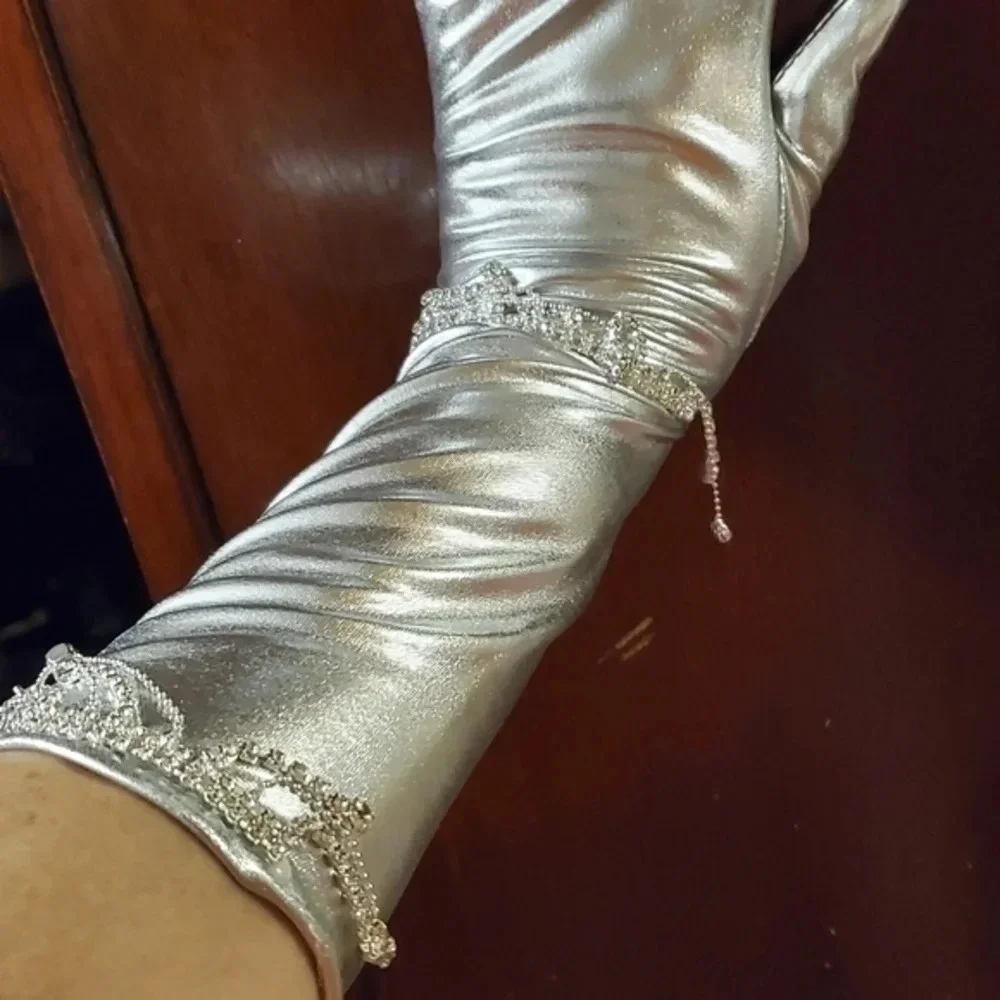 Silver Rhinestone Opera Gloves Formal Evening Satin Costume Glam Silver Gloves